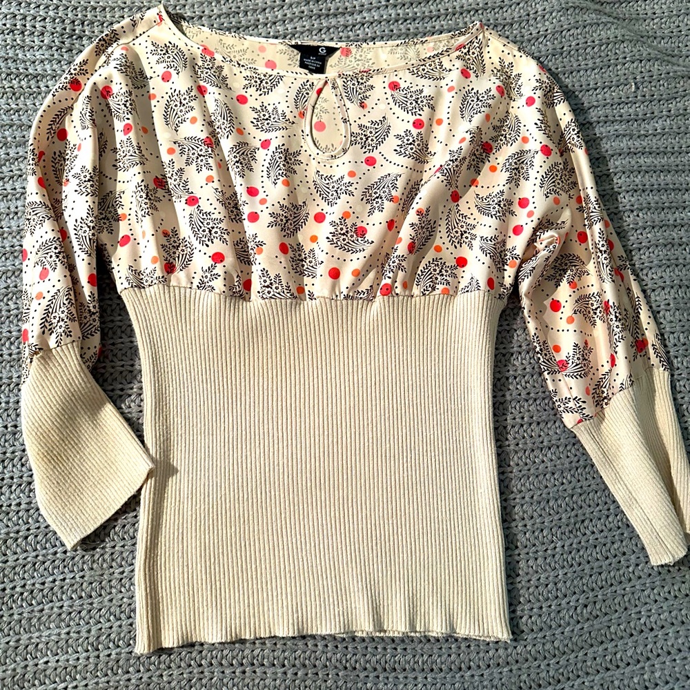 Guess satin/sweater. Beautiful pale barely there pink. Unique flattering fit.